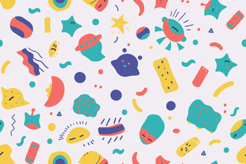  Cute alien kids textile pattern. Fabric design cosmos star little monsters for children clothes. Cartoon space aliens character vector illustration