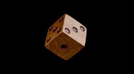 3d render of wooden dice with engraved circular dots on its faces. The dice is for board games, also for gambling and casino. The dice isolated on a black background.