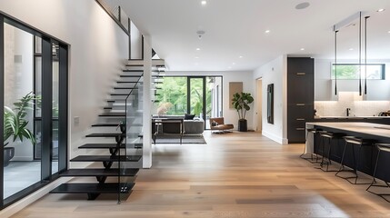 Open-riser staircase with sleek black treads 