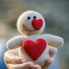 Cute Handmade Felt Doll With Heart Design Displayed Outdoors on a Sunny Day