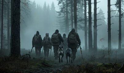 Group of hunters, misty morning, rifles in hand, faithful dogs, forest adventure