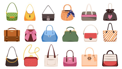 Woman trendy handbags. Female bags, textile, leather modern ladies accessories, casual fashion clutches, shoppers, purses, colorful hobo and casual shopper, tidy vector cartoon flat isolated set