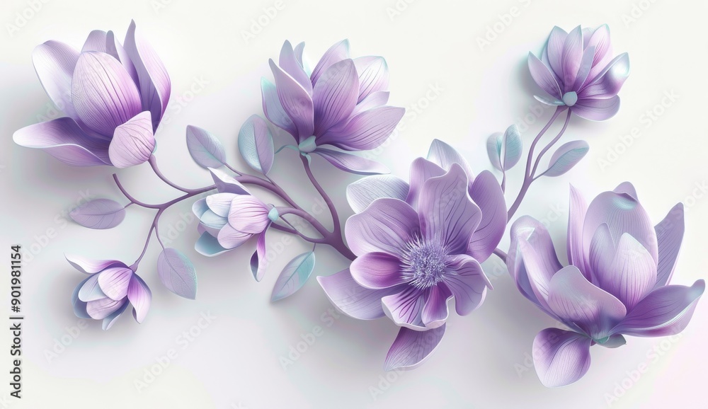 Poster Purple flowers and magnolia leaves in three dimensions, modern illustration design on white background