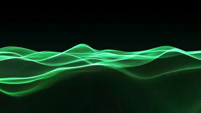 Motion animation of abstract 3d green flowing wave made of dots on black background. Digital data structure. Future mesh or soundgrid. Futuristic technology concept. Backdrop for design 