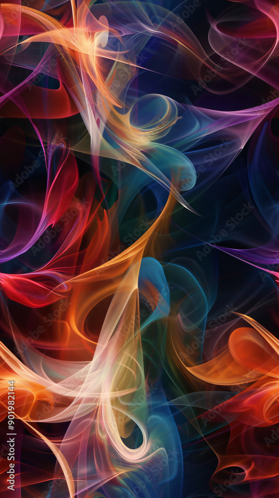 Poster vibrant wavy lines creating an energetic flow in an abstract seamless pattern against a dark backgro