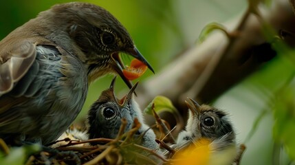 Close-up of a bird feeding its chicks. 