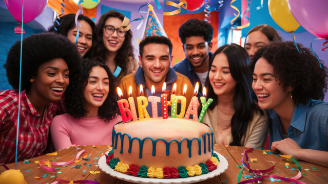 A group of people around a birthday cake with lit candles, AI