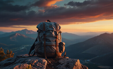 Fototapeta premium Professional travel backpack stands on the ground. Advertising illustration. Template for the service. Banner with copy space.