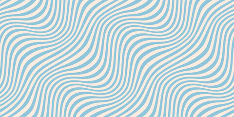 Blue and beige diagonal wavy lines seamless pattern. Simple vector abstract liquid stripes background. Funky groovy texture with diagonal waves, fluid shapes, flow. Stylish repeated decorative design
