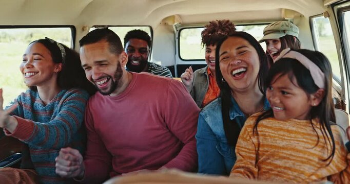 Happy family, drive and dance for road trip celebration, excited adventure and holiday with friends in van. Mother, people and child for travel vacation and transport with wow, singing and fun games