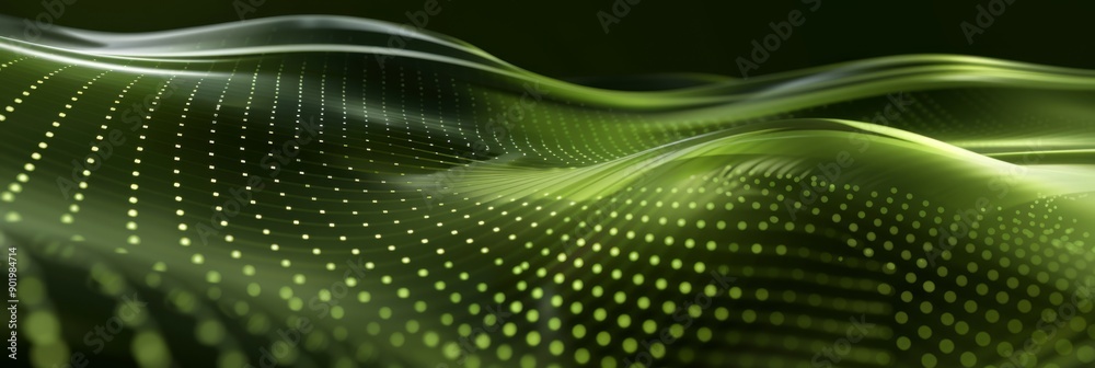 Poster the abstract green wave with dots symbolizes digital data flow and futuristic design in a visually d