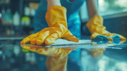 Obraz premium woman wearing gloves doing cleaning , using cloths and spraying disinfectant Wipe to clean the table 