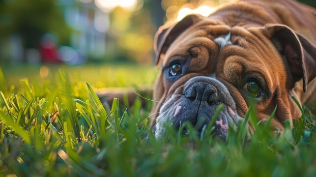 English Bulldog in the grass, macro shot.