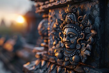 Fototapeta premium An intricately carved stone face is illuminated by the warm glow of sunrise, capturing the ancient beauty and craftsmanship of the sculpture, reflecting history and artistry.