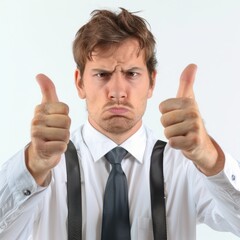 Man in White Shirt and Tie Frowning With Thumbs Up Gesture Against Plain Background