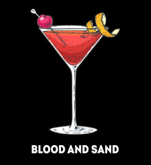 Blood and sand cocktail illustration. Hand drawn sketch. Vector illustration. Isolated object.