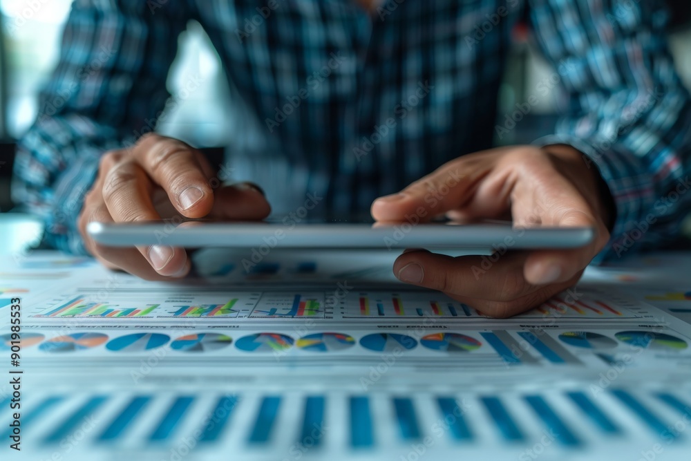Wall mural hands using a tablet with charts and graphs in the background. business and technology concept.