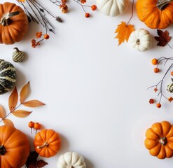 Obraz premium Autumnal Pumpkins and Leaves on White Background