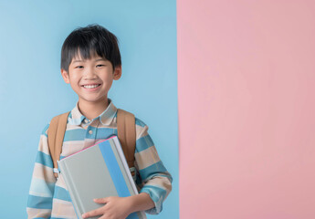 Obraz premium Happy young asian school boy with books and backpack on a pastel pink and blue background. Ready to go back to school.