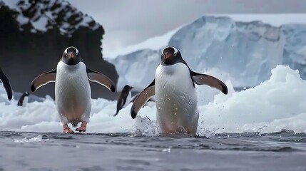 Obraz premium Penguins waddling on an Antarctic shoreline 