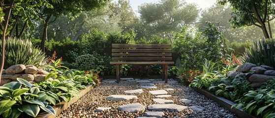 Peaceful garden with a meditation bench, Mental health, Outdoor reflection space