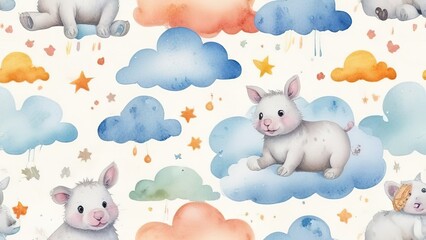 Seamless pattern with cartoon clouds, magical bunny bear toys and stars. Watercolor children's hand drawn illustration on white background for wallpaper, bed linen