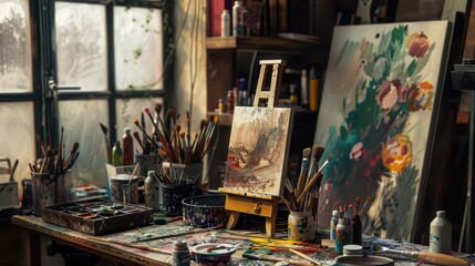 A creative workspace with various art supplies, including paints, brushes, and canvases