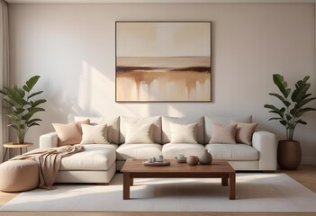 A modern living room with a big sofa and a painting..