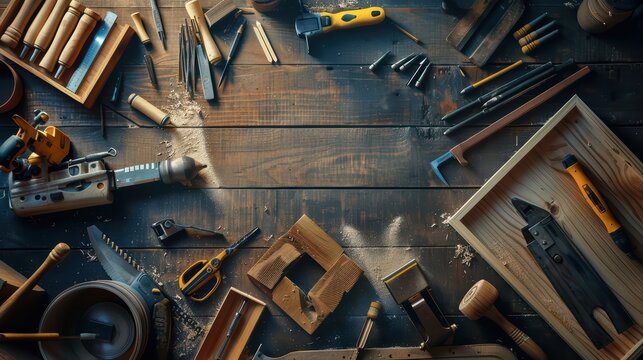 Person working on a DIY woodworking project, with saws, sanders, and hand tools in use
