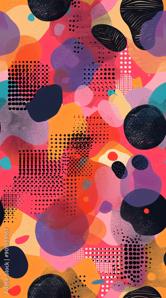 Poster Modern and lively organic shapes in a seamless abstract pattern with bold colors and halftone designs