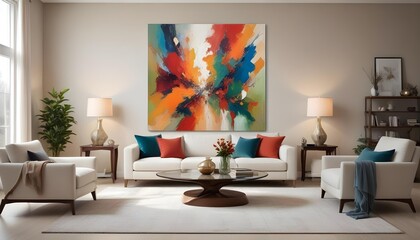Modern living room with a big colorful painting hanging on the wall..