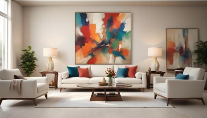 Modern living room with a big colorful painting hanging on the wall..