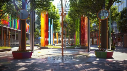 Public square with contemporary art installations and interactive elements