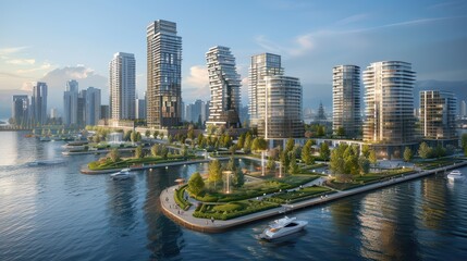 Fototapeta premium Waterfront development with promenades, parks, and mixed-use buildings
