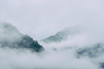 Misty morning of Viksdalen Valley in western Norway at summer.