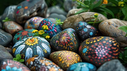A hand-painted rock garden, with colorful and whimsical designs