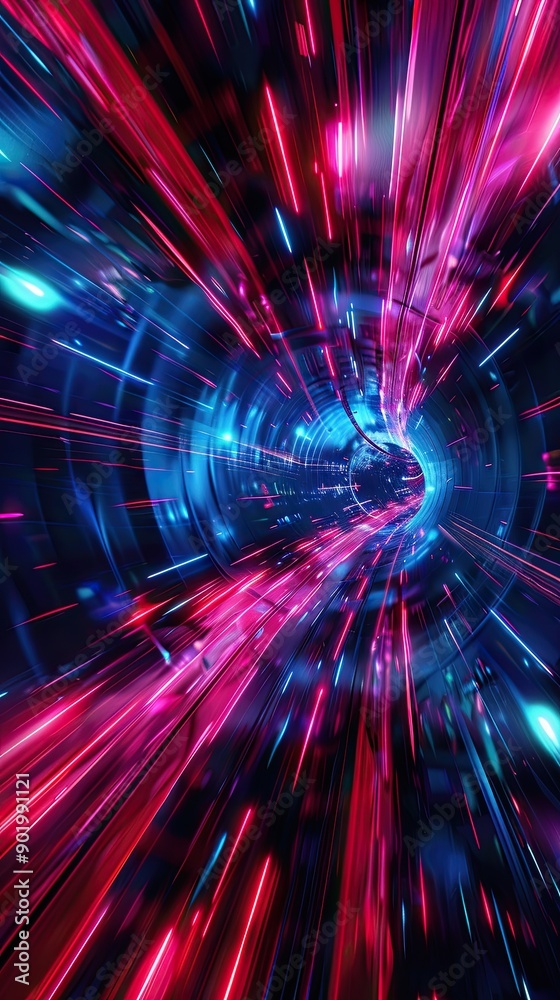 Poster vibrant tunnel of dynamic neon lights with abstract red and blue effects
