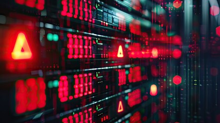 Red Data Visualization in Server Room With Digital Displays at Night