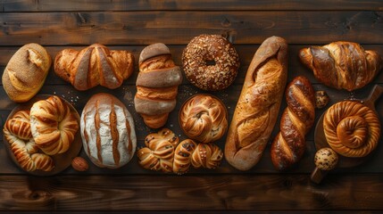 An assortment of freshly baked bread and pastries displayed on a wooden table