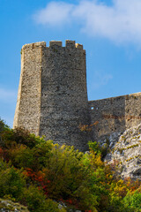 Majestic Golubac fortress atop rocky cliffs by Danube river in Serbia on a clear day