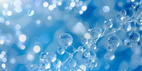 A soft blue background with translucent bubbles and molecular structures, evoking a sense of microbiology and gentle light