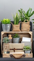 Fototapeta premium A vibrant potted plant sits in an open cardboard box on a table in a contemporary office, with natural light illuminating the workspace