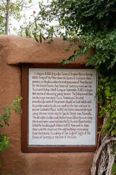 Santa Fe, NM - Sept. 23, 2021: Sign at the Inn and Spa at Loretto tells the history of the surrounding premises.
