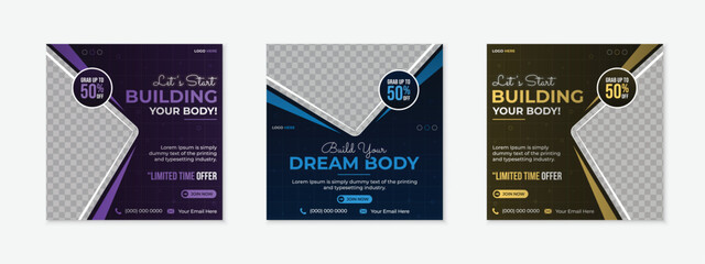 Gym fitness sports social media post template collection, new modern creative premium design square web banner ads bundle for gymnasium discount marketing bodybuilding promotion on black background