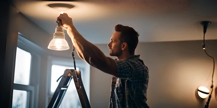 Electrician changing a light bulb in a house.