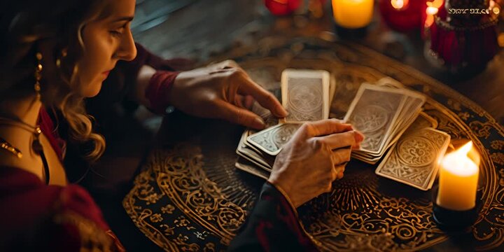 Female tarot reader reading tarot cards.