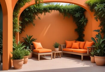 Fototapeta premium A modern couch with orange pillows in a cozy patio..