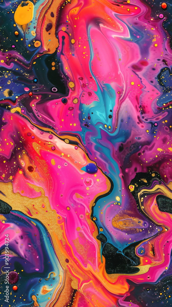 Poster vibrant abstract painting background with acrylic paints creating colorful swirls and bubbles