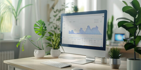 A sleek home office setup featuring a desktop computer displaying data analytics, surrounded by vibrant green plants.