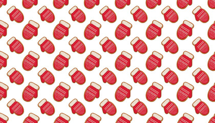 Festive Christmas background. Gingerbread cookies with red icing in the shape of mittens isolated on white. Pattern for wrapping paper, greeting cards, invitations, fabric, prints.